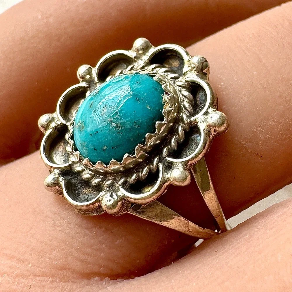 Navajo Flower Ring Turquoise Sz 7 Sterling Silver Signed Morgan Native Amer